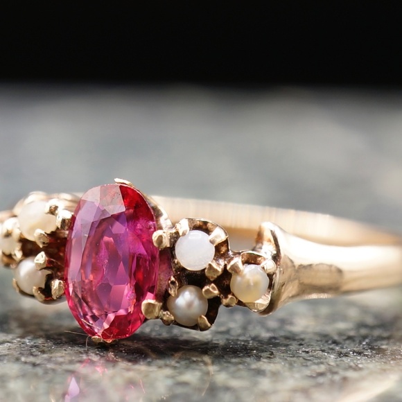 c.1880 Victorian Engagement Ring .52ct 6.5x4mm Natural Ruby Seed Pearls 14k - Picture 5 of 12